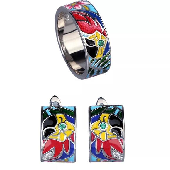 Silver Parrot Multicolor Enamel Ring and Pierced Earrings Set Ring - Picture 5 of 5